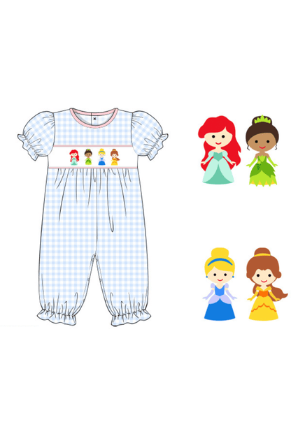 The Smocked Flamingo Apparel & Accessories Smocked Princess Party Blue Gingham Knit Romper