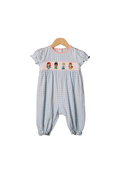 The Smocked Flamingo Apparel & Accessories Smocked Princess Party Blue Gingham Knit Romper