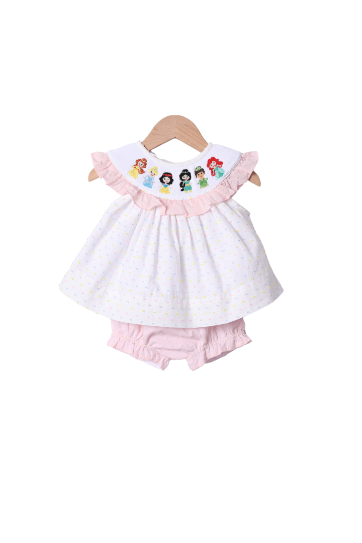 The Smocked Flamingo Apparel & Accessories Smocked Princess Swiss Dot Ruffle Bloomer Set