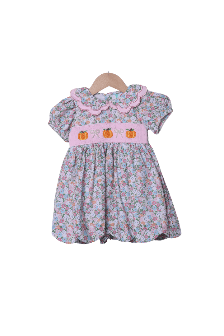 The Smocked Flamingo Apparel & Accessories Smocked Pumpkin and Pearls Floral Dress
