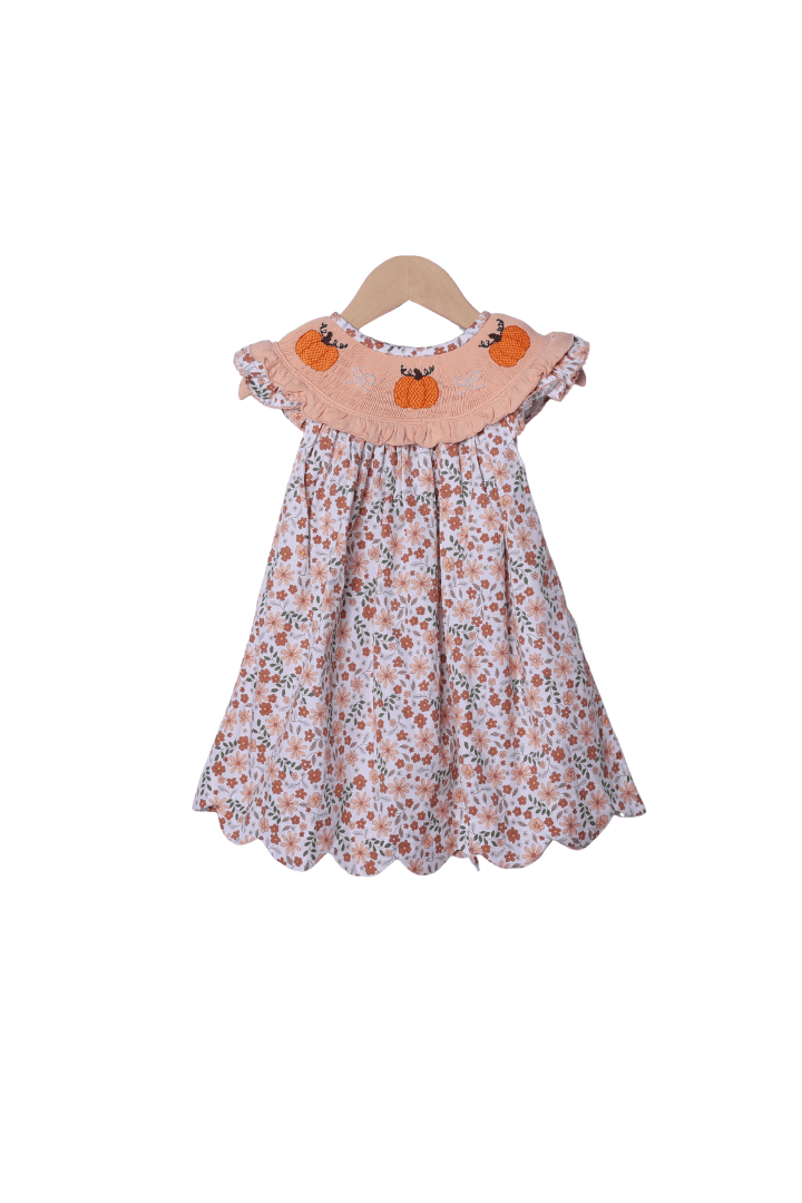 The Smocked Flamingo Apparel & Accessories Smocked Pumpkin and Pearls Harvest Floral Dress
