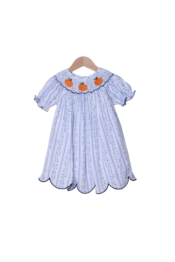 The Smocked Flamingo Apparel & Accessories Smocked Pumpkin Blue Floral Dress