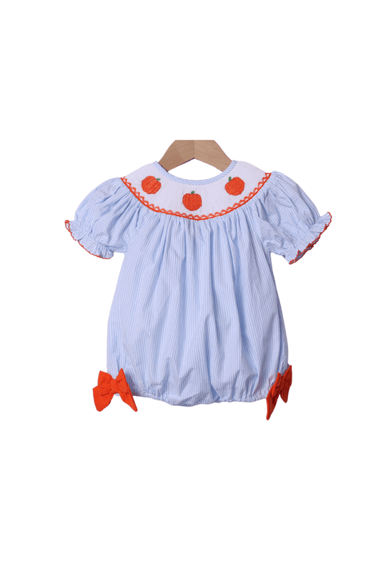 The Smocked Flamingo Apparel & Accessories Smocked Pumpkin Blue Pinstripe Bishop Bubble