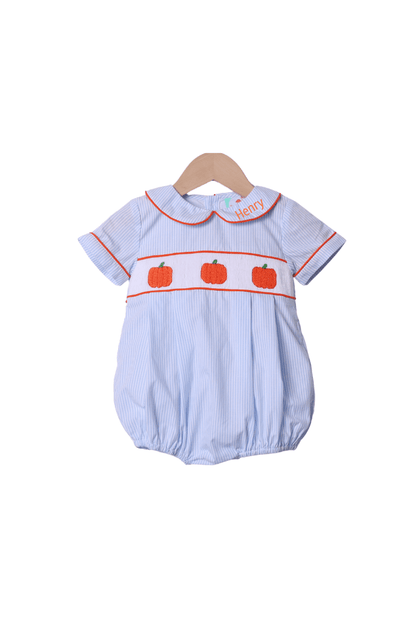 The Smocked Flamingo Apparel & Accessories Smocked Pumpkin Blue Pinstripe Bubble