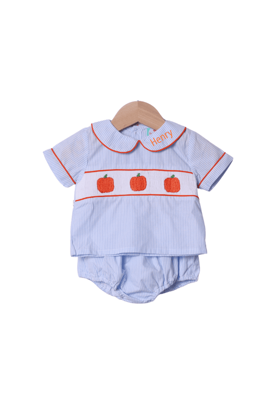 The Smocked Flamingo Apparel & Accessories Smocked Pumpkin Blue Pinstripe Diaper Set
