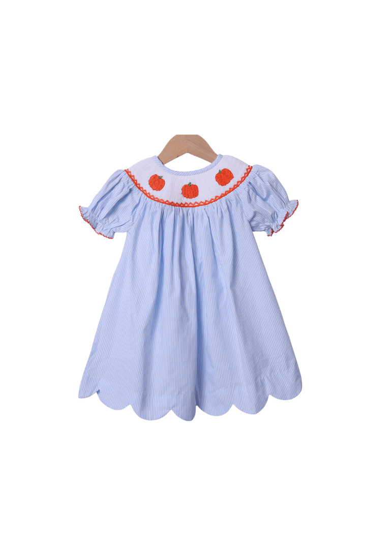 The Smocked Flamingo Apparel & Accessories Smocked Pumpkin Blue Pinstripe Dress