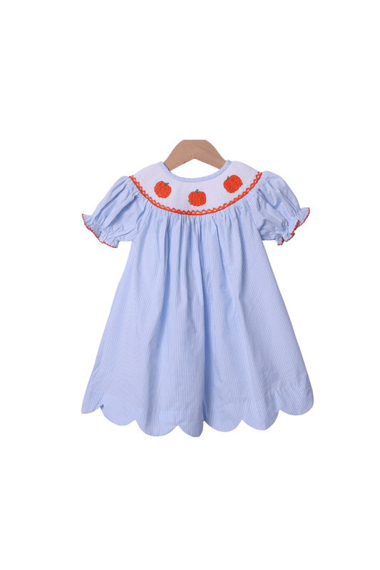 The Smocked Flamingo Apparel & Accessories Smocked Pumpkin Blue Pinstripe Dress