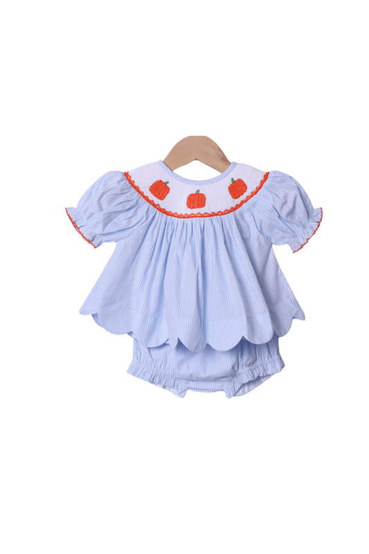 The Smocked Flamingo Apparel & Accessories Smocked Pumpkin Blue Pinstripe Scalloped Bloomer Set