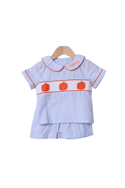 The Smocked Flamingo Apparel & Accessories Smocked Pumpkin Blue Pinstripe Short Set