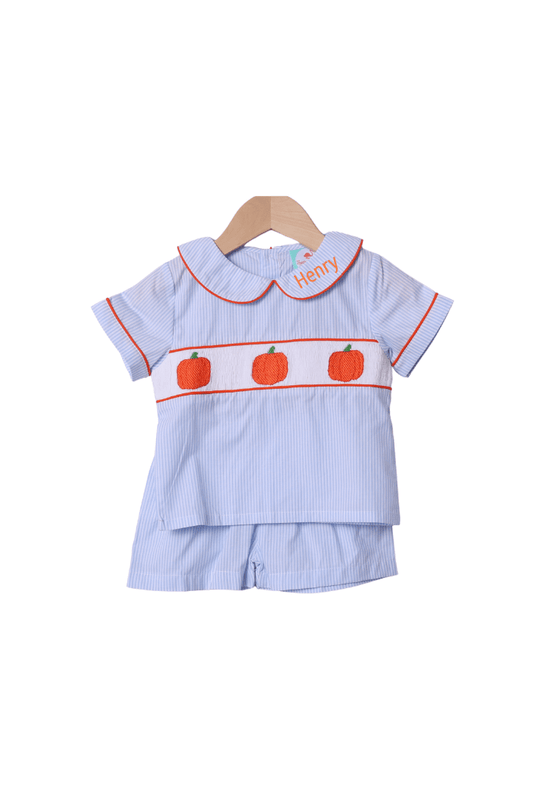 The Smocked Flamingo Apparel & Accessories Smocked Pumpkin Blue Pinstripe Short Set