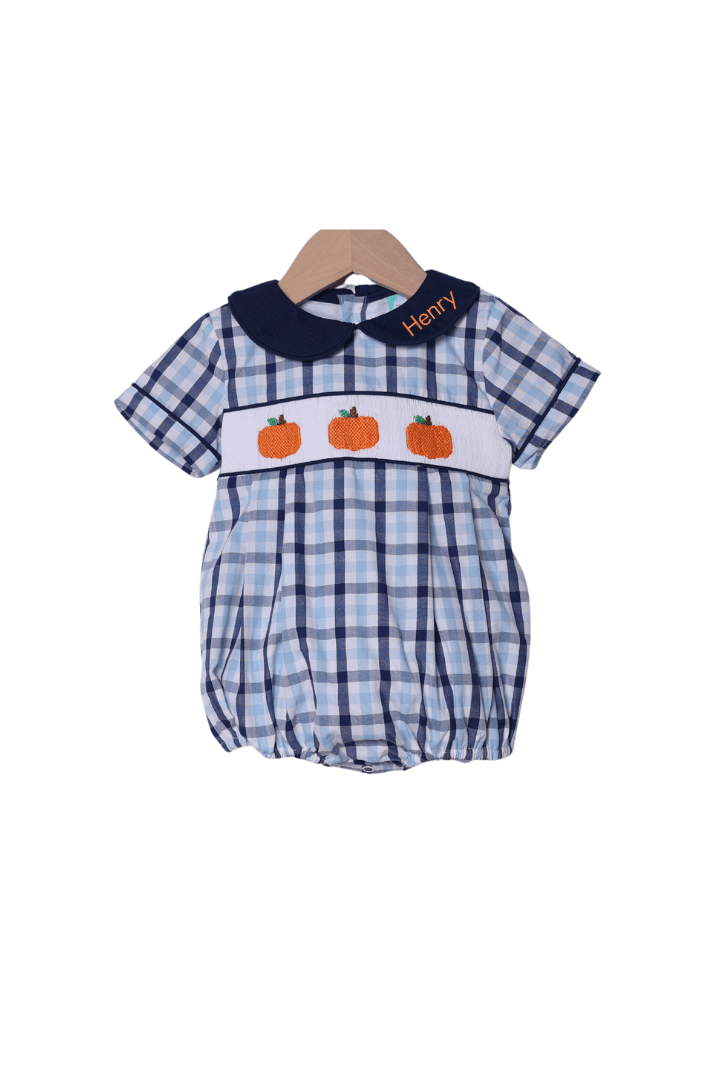 The Smocked Flamingo Apparel & Accessories Smocked Pumpkin Blue Plaid Bubble