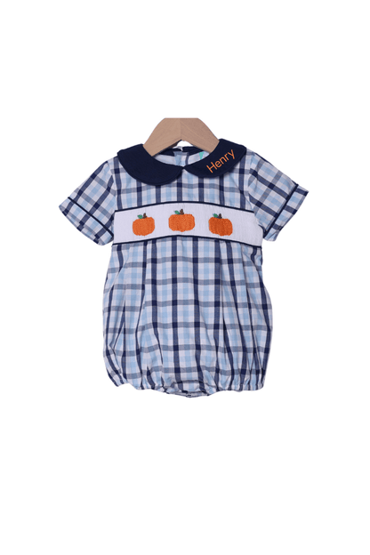 The Smocked Flamingo Apparel & Accessories Smocked Pumpkin Blue Plaid Bubble