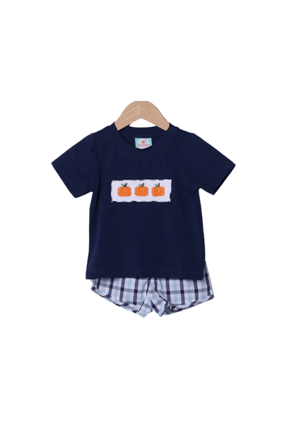 The Smocked Flamingo Apparel & Accessories Smocked Pumpkin Blue Plaid Short Set