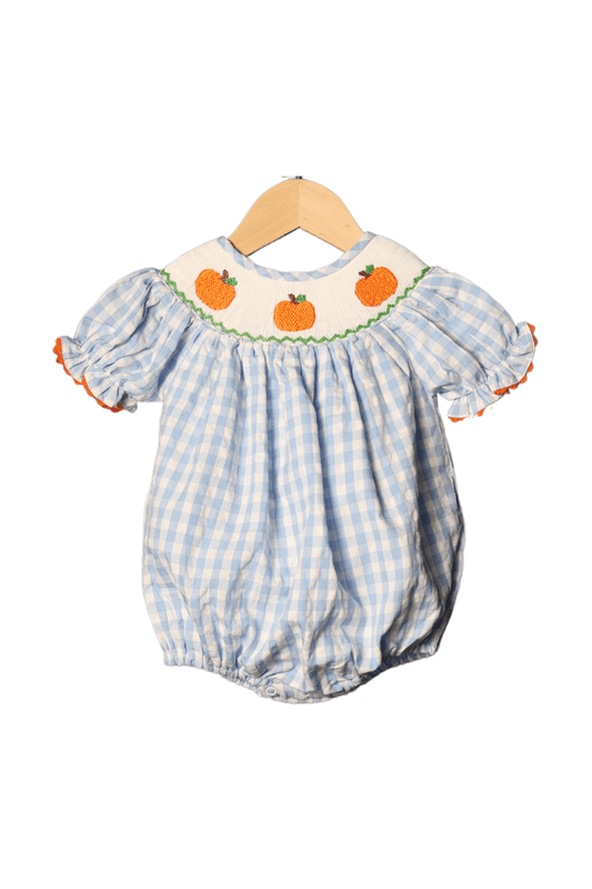 The Smocked Flamingo Apparel & Accessories Smocked Pumpkin Blue Seersucker Bubble