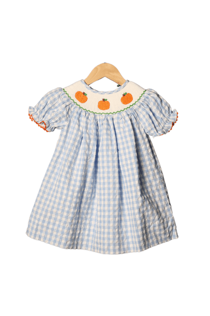 The Smocked Flamingo Apparel & Accessories Smocked Pumpkin Blue Seersucker Dress