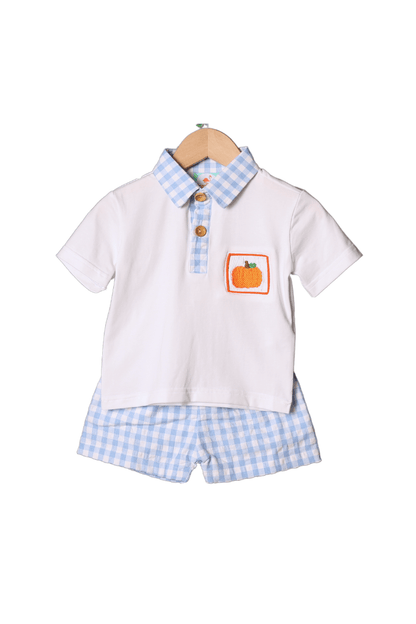 The Smocked Flamingo Apparel & Accessories Smocked Pumpkin Blue Seersucker Golf Short Set