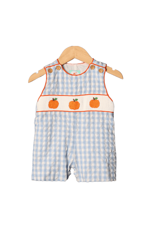 The Smocked Flamingo Apparel & Accessories Smocked Pumpkin Blue Seersucker Jon Jon