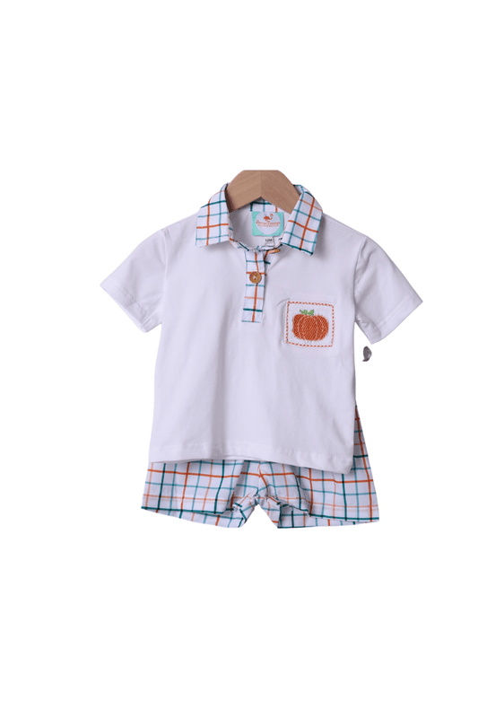 The Smocked Flamingo Apparel & Accessories Smocked Pumpkin Fall Plaid Polo Short Set