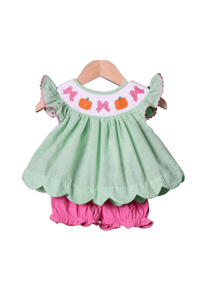 The Smocked Flamingo Apparel & Accessories Smocked Pumpkin Green Seersucker Bloomer Set