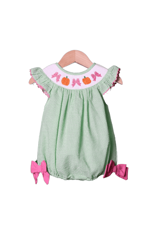 The Smocked Flamingo Apparel & Accessories Smocked Pumpkin Green Seersucker Bubble