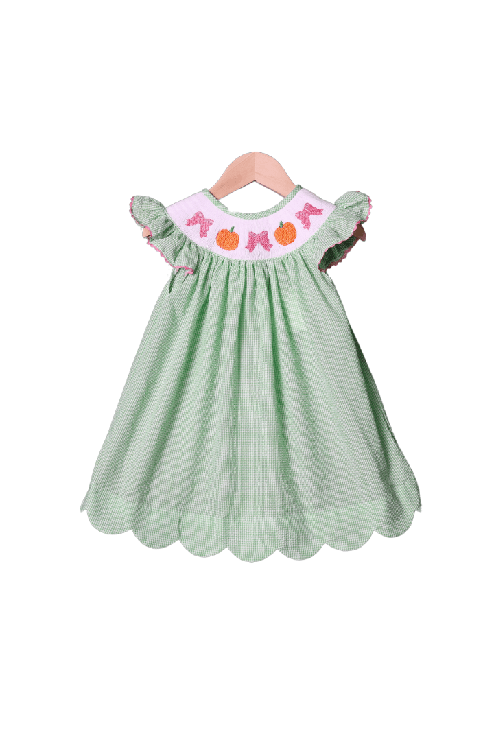 The Smocked Flamingo Apparel & Accessories Smocked Pumpkin Green Seersucker Dress