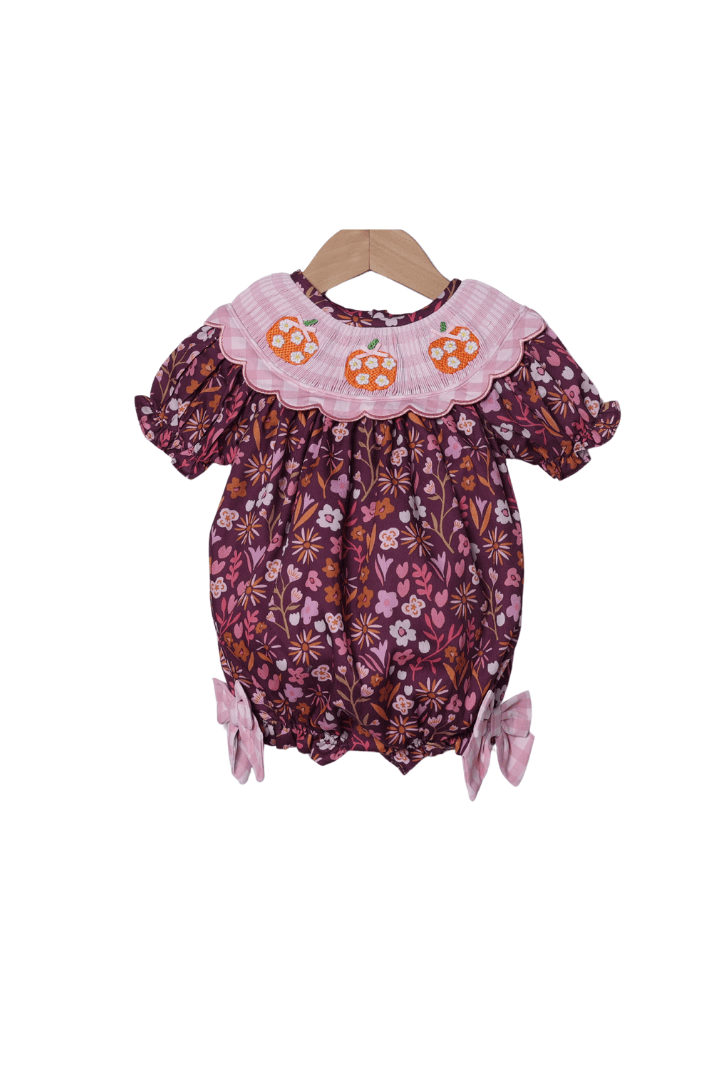 The Smocked Flamingo Apparel & Accessories Smocked Pumpkin Maroon Floral Bubble