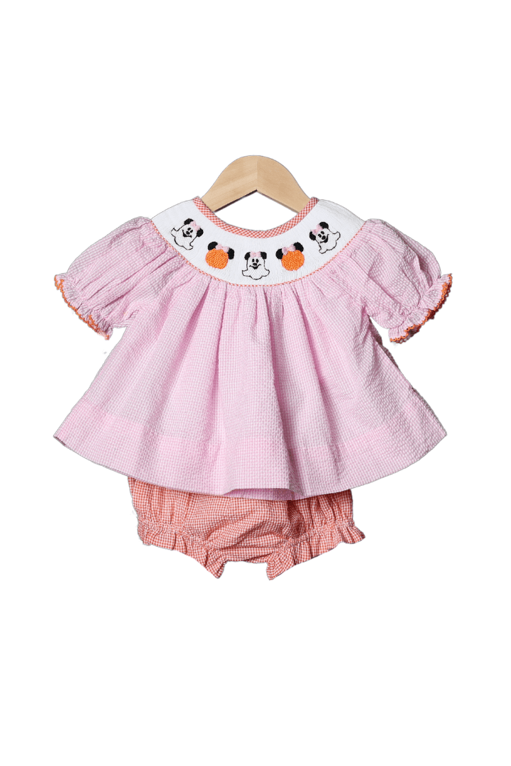 The Smocked Flamingo Apparel & Accessories Smocked Pumpkin Mouse Pink Gingham Bloomer Set