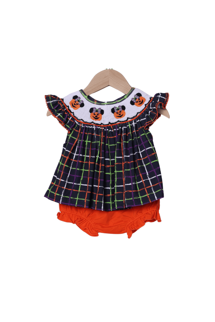 The Smocked Flamingo Apparel & Accessories Smocked Pumpkin Mouse Plaid Bishop Bloomer Set