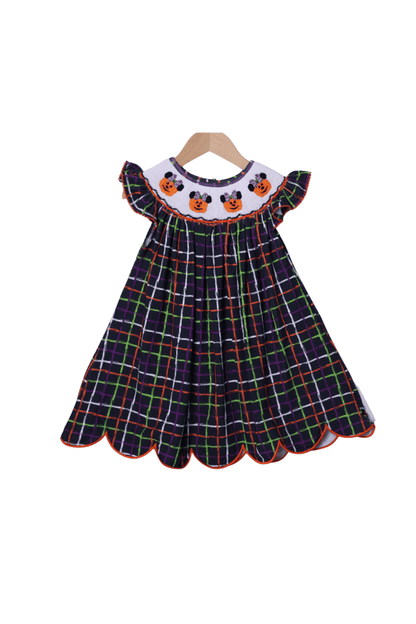 The Smocked Flamingo Apparel & Accessories Smocked Pumpkin Mouse Plaid Bishop Dress
