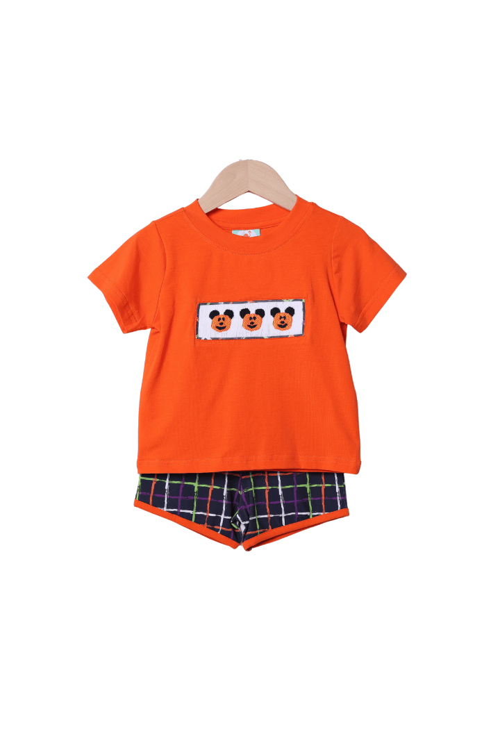 The Smocked Flamingo Apparel & Accessories Smocked Pumpkin Mouse Plaid Short Set