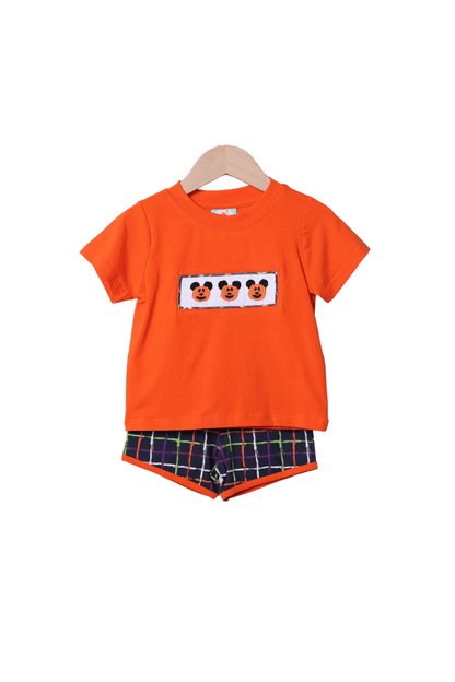 The Smocked Flamingo Apparel & Accessories Smocked Pumpkin Mouse Plaid Short Set