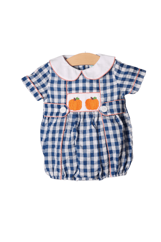 The Smocked Flamingo Apparel & Accessories Smocked Pumpkin Navy Seersucker Bubble