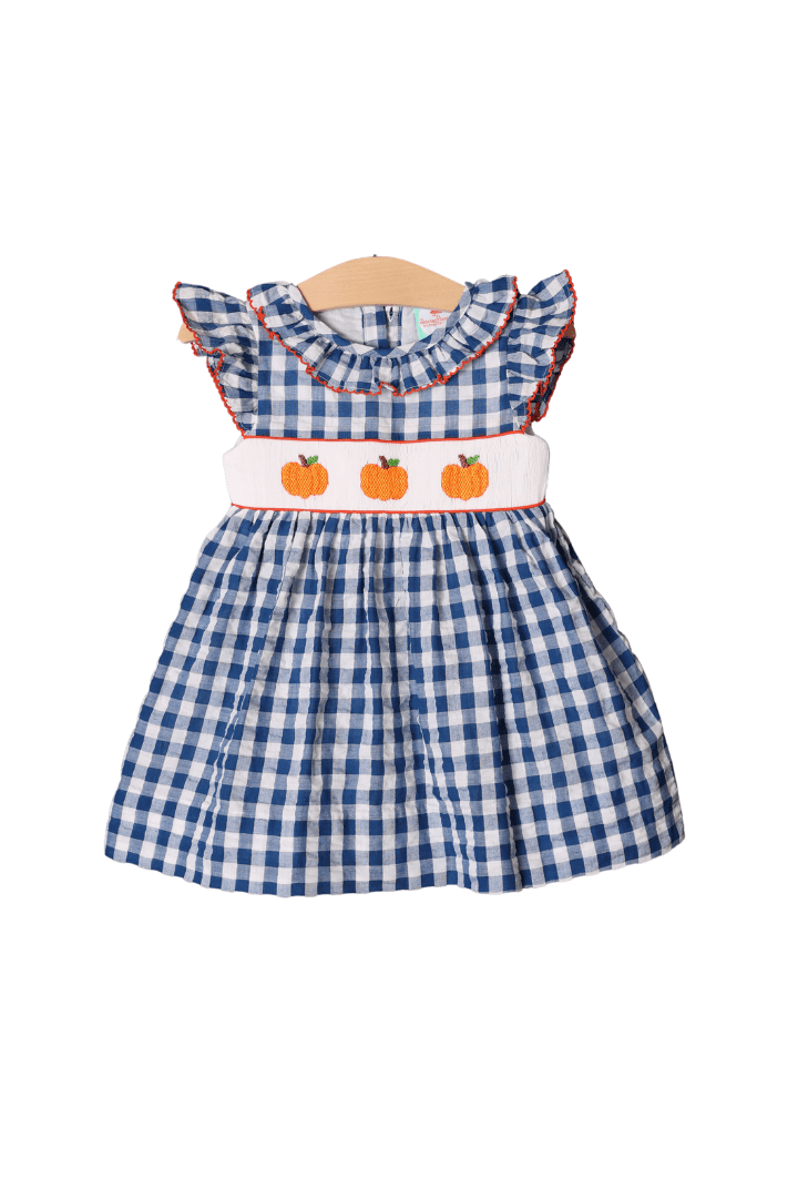 The Smocked Flamingo Apparel & Accessories Smocked Pumpkin Navy Seersucker Dress