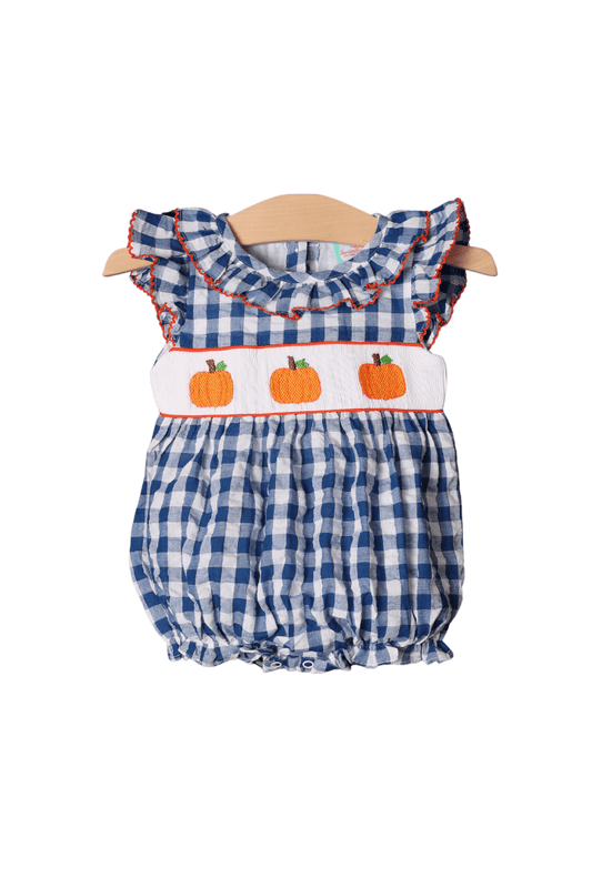 The Smocked Flamingo Apparel & Accessories Smocked Pumpkin Navy Seersucker Ruffle Bubble