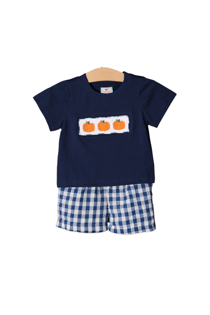 The Smocked Flamingo Apparel & Accessories Smocked Pumpkin Navy Seersucker Short Set