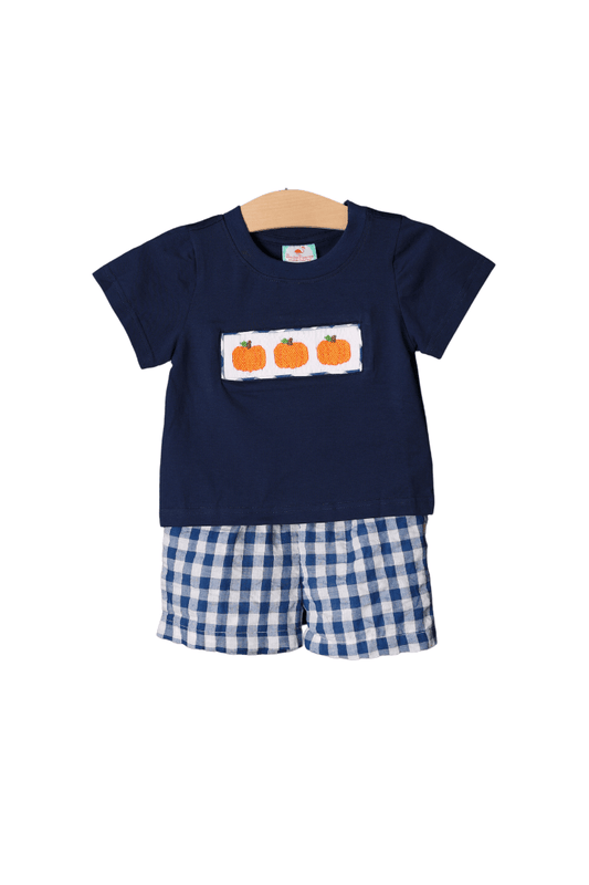 The Smocked Flamingo Apparel & Accessories Smocked Pumpkin Navy Seersucker Short Set