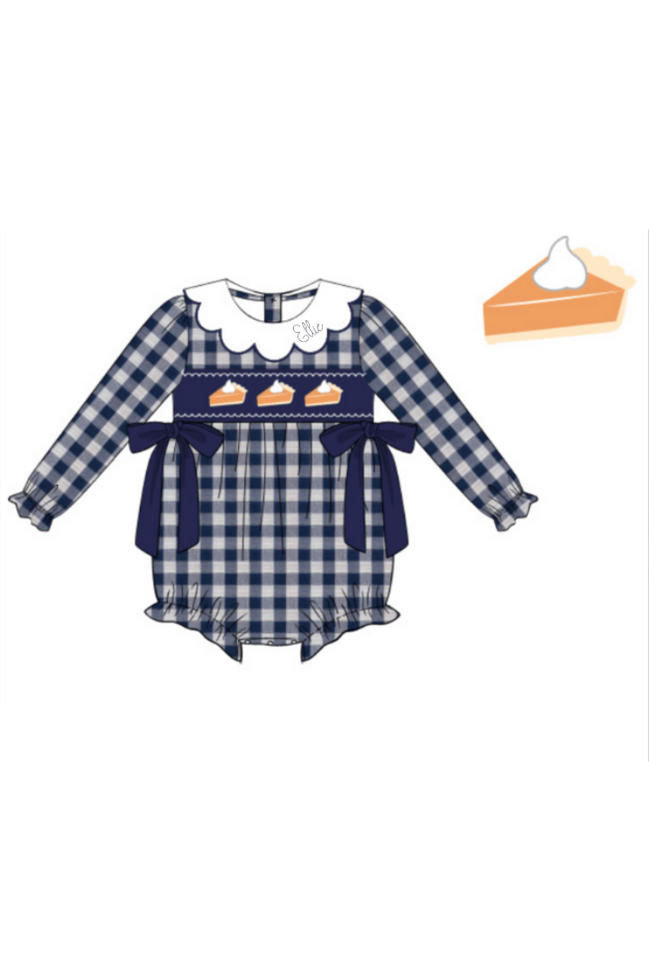 The Smocked Flamingo Apparel & Accessories Smocked Pumpkin Pie Navy Linen Gingham Bow Bubble