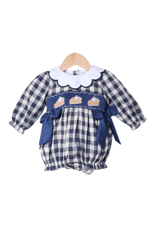 The Smocked Flamingo Apparel & Accessories Smocked Pumpkin Pie Navy Linen Gingham Bow Bubble