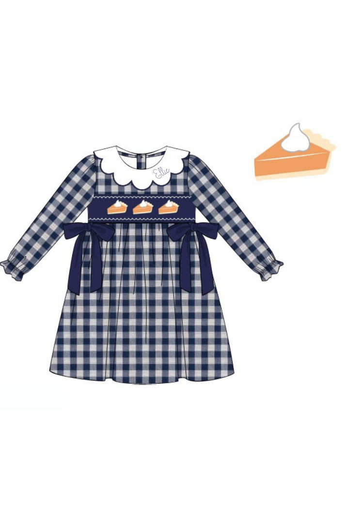 The Smocked Flamingo Apparel & Accessories Smocked Pumpkin Pie Navy Linen Gingham Bow Dress