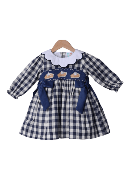 The Smocked Flamingo Apparel & Accessories Smocked Pumpkin Pie Navy Linen Gingham Bow Dress