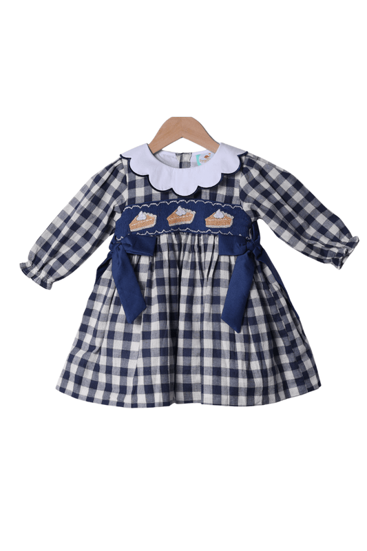 The Smocked Flamingo Apparel & Accessories Smocked Pumpkin Pie Navy Linen Gingham Bow Dress