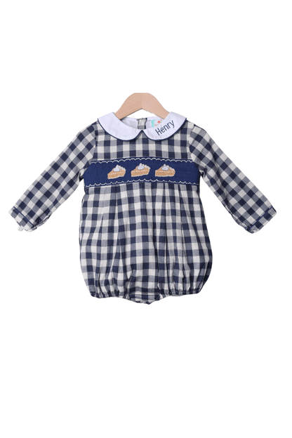The Smocked Flamingo Apparel & Accessories Smocked Pumpkin Pie Navy Linen Gingham Bubble
