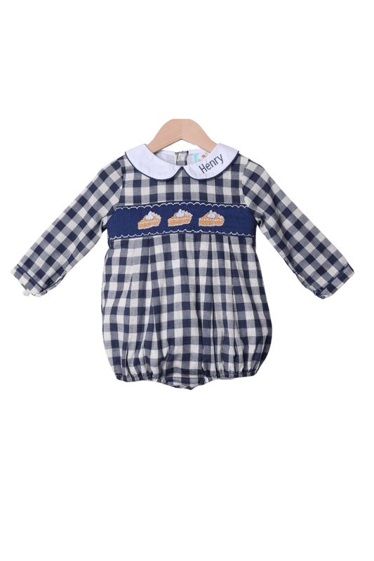 The Smocked Flamingo Apparel & Accessories Smocked Pumpkin Pie Navy Linen Gingham Bubble