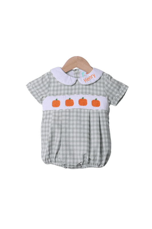 The Smocked Flamingo Apparel & Accessories Smocked Pumpkin Sage Green Windowpane Pumpkin Bubble