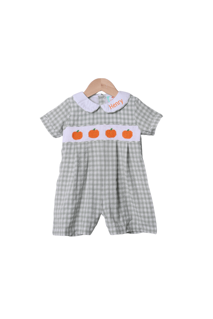 The Smocked Flamingo Apparel & Accessories Smocked Pumpkin Sage Green Windowpane Shortall