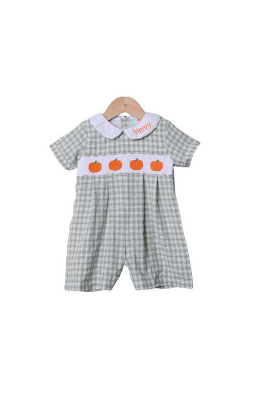 The Smocked Flamingo Apparel & Accessories Smocked Pumpkin Sage Green Windowpane Shortall