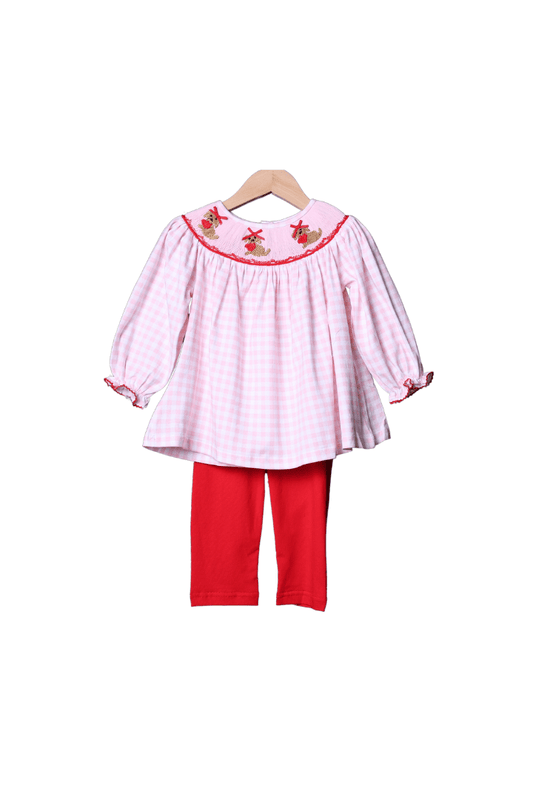 The Smocked Flamingo Apparel & Accessories Smocked Puppy Love Pink Gingham Pant Set