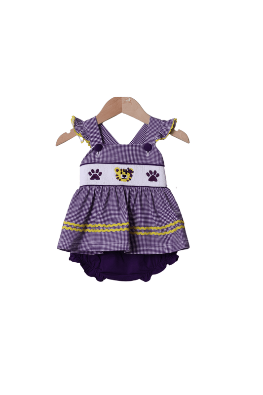 The Smocked Flamingo Apparel & Accessories Smocked Purple/Gold Tiger Bloomer Set