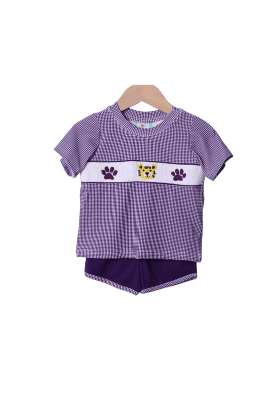 The Smocked Flamingo Apparel & Accessories Smocked Purple/Gold Tiger Short Set