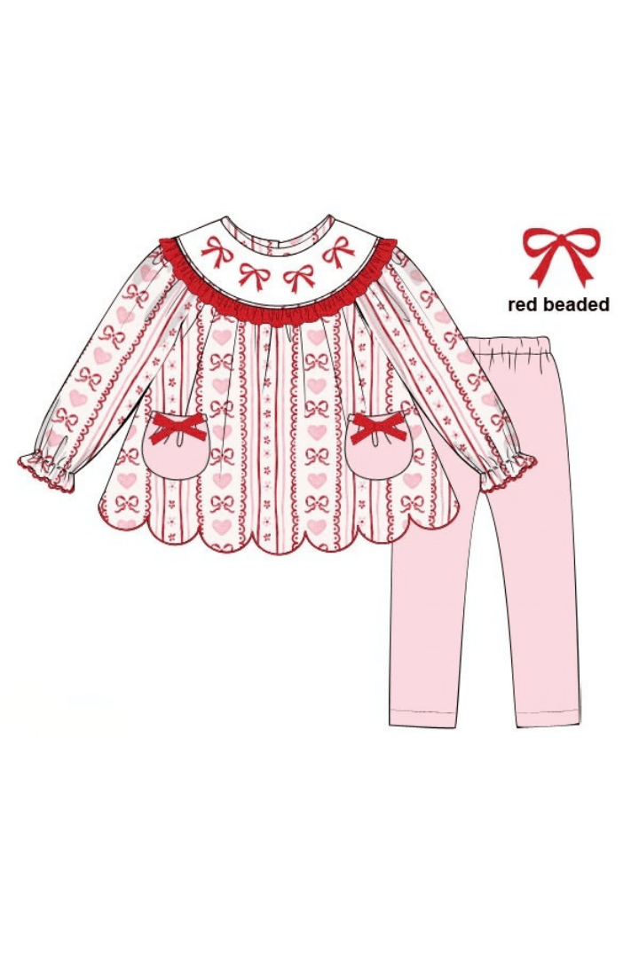 The Smocked Flamingo Apparel & Accessories Smocked Red Beaded Bow  Pant Set